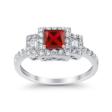 Halo Wedding Ring Baguette Simulated Garnet CZ 925 Sterling Silver